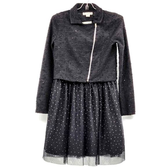 Knitworks Glitter Polka Dot Black Skater Dress With Sequin Moto Jacket Girls 16 - Picture 1 of 16